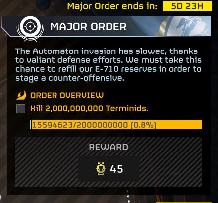 NEW MAJOR ORDER 🔊:  Pest Control - Kill 2,000,000,000 Terminids

'Thanks to the valiant and unceasing defense of the Helldivers, a robust defensive line has been established. This is likely only a temporary respite, while the bots refit in preparation to break through our…