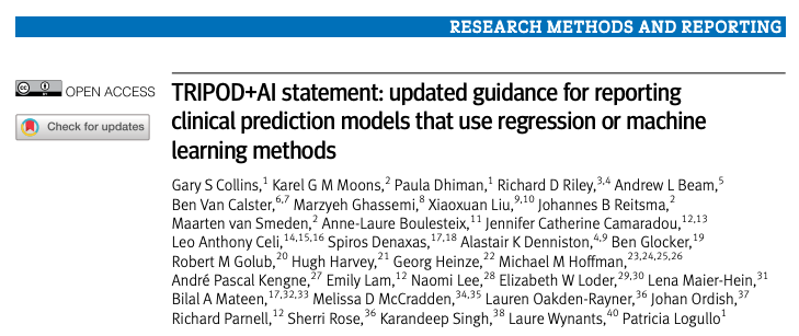 Our latest guidance on international consensus-based reporting standards (TRIPOD+AI) for #machinelearning prediction models in healthcare now available in the @BMJ_latest bmj.com/content/385/bm… #ArtificialInteligence