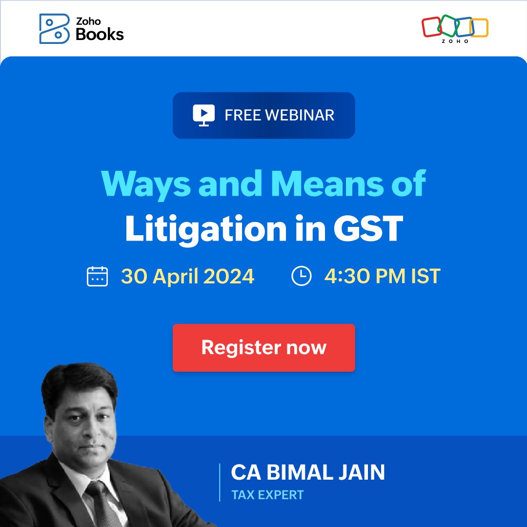 Don't let GST disputes hold you back! 

Join our FREE webinar 'Ways & means of litigation in GST FY24-25' with CA Bimal Jain. Explore ways to handle SCNs, hearings, and appeals.

Register now: zurl.co/HW0G 
#GST #Webinar #TaxLaw