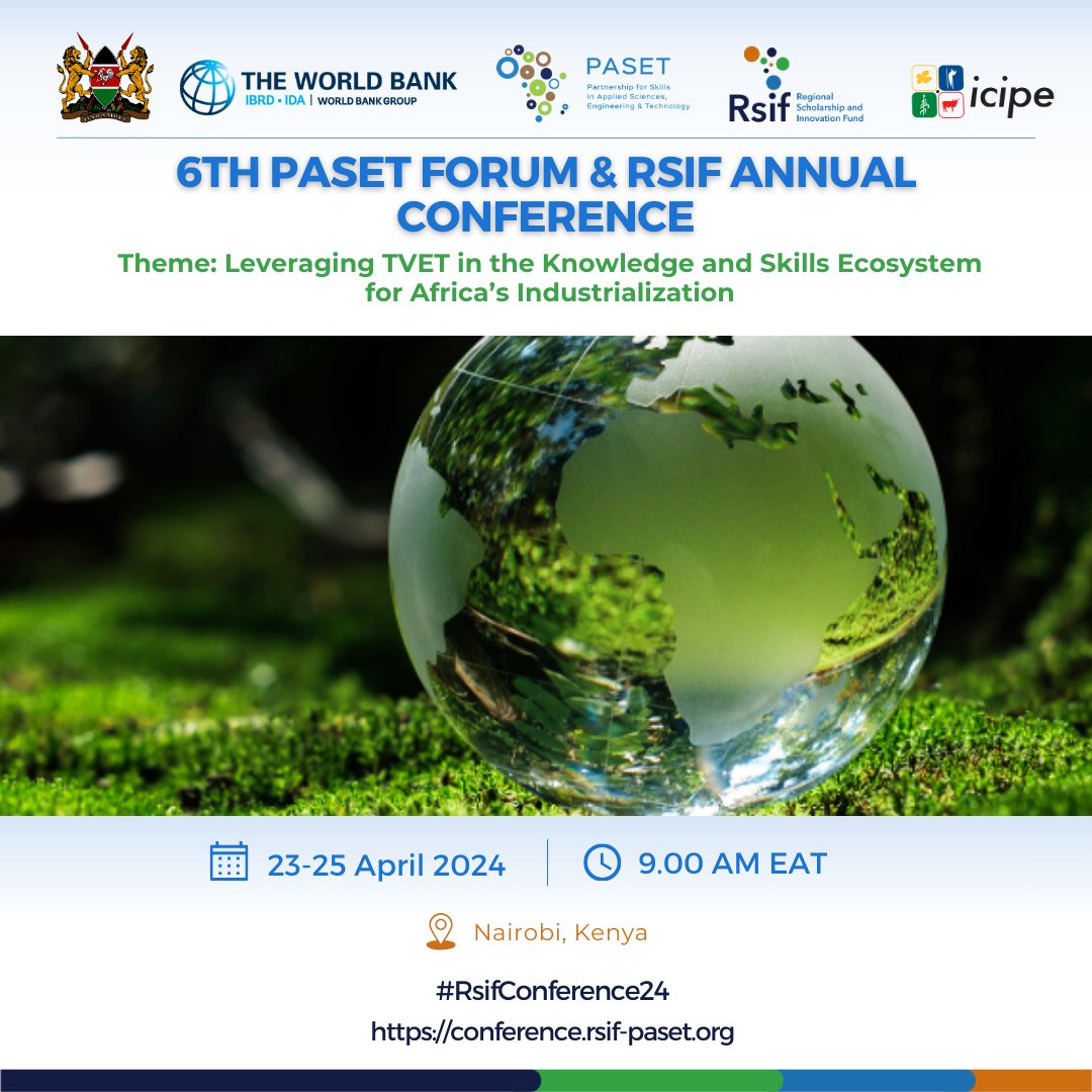 The Ministry of Education is set to host the 6th PASET FORUM AND RSIF ANNUAL CONFERENCE, themed Leveraging TVET in the knowledge and skills ecosystem for Africa's industrialization. The conference to be held @SafariPark_H from 23-25 April.
#TVETWorks #6thPASETConference