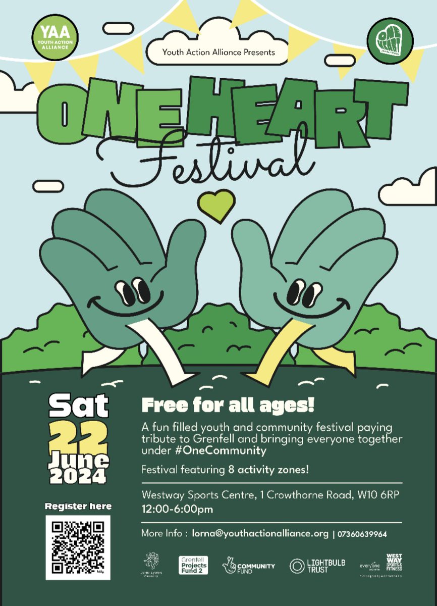 One Heart festival is back! 💚 Join us on Saturday 22nd June at Westway Sports Centre from 12-6pm for a free, fun day full of entertainment and activities for all ages! #OneCommunity

For more information and to register:
eventbrite.com/e/one-heart-co…