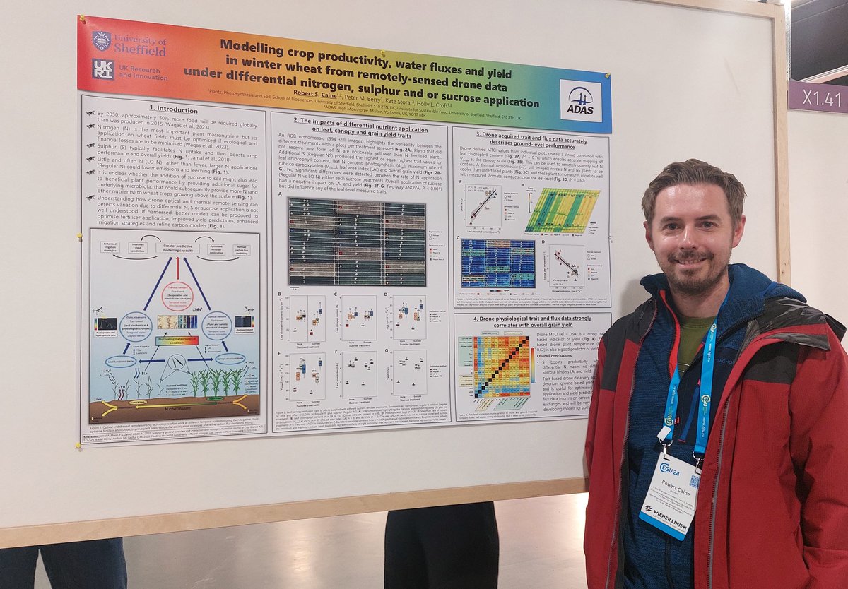 Poster session just now at the #EGU24. Excited to finally share agricultural #drone and plant physiology data from our latest #wheat experiments. 🛰🌾#thermal #hyperspectral #stomata  #MTCI #Vcmax #yield @ScienceShef @PPS_UoS @DrHollyCroft @katestorer