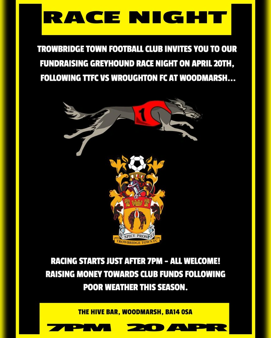 NEXT FIXTURE: 🆚️ @Wroughton_FC Woodmarsh, Trowbridge, BA14 0SA 📍 @WiltsLeague ⚽️ 20.04.2024 🗓 3pm KO 🕑 Admission: £4 Adults, U16 FREE Car parking: FREE 🚗 🚨 GREYHOUND RACE NIGHT 🚨 Don't forget to join us in The Hive Bar for our fundraising greyhound race night. The