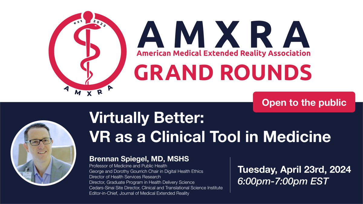 Excited to host this year's AMXRA Grand Rounds series. Our first event will feature @BrennanSpiegel on Tuesday 4/23 at 6pm EST on the @Spatial_io platform. Join here: lnkd.in/eAFJvYiD @theAMXRA @MinLangMD @markzhangdo
