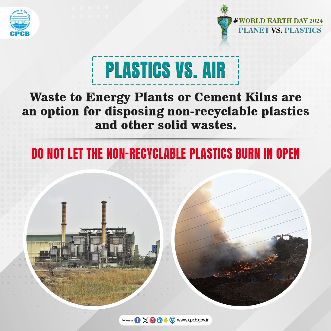 CPCB_OFFICIAL's tweet image. #OpenBurning of solid &amp;amp; plastic waste may release harmful gases and causes #AirPollution. Non-recyclable plastics can be converted as Refuse Derived Fuel for Waste to Energy Plants or Co-processed in Cement kilns.

#WorldEarthDay #PlanetVsPlastics 

@moefcc @mygovindia @PIB_India