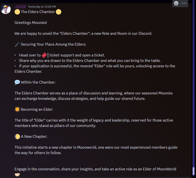 MoonWorldNFTs's tweet photo. GM Moonies, 
visit our Discord to learn more about the "Elders Chamber"!👀🔥

https://t.co/RHRRcLfsyl https://t.co/yzbhKqhJl2