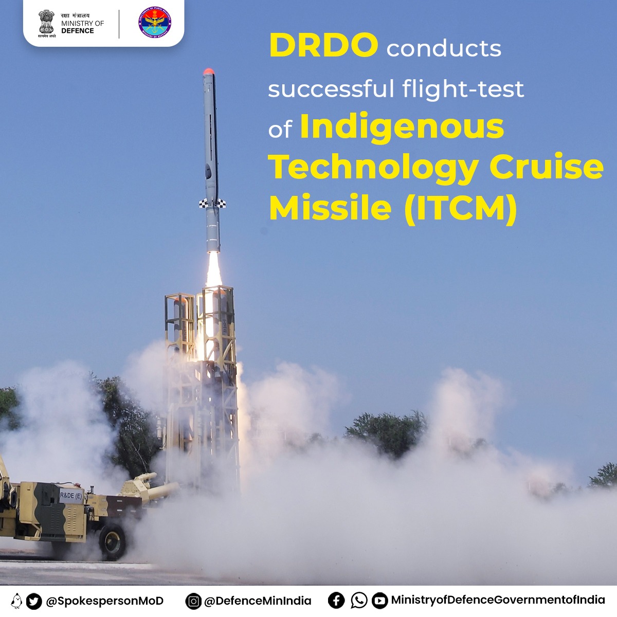 .@DRDO_India conducted a successful flight-test of Indigenous Technology Cruise Missile (ITCM) from the Integrated Test Range (ITR), Chandipur off the coast of Odisha pib.gov.in/PressReleasePa… @rajnathsingh @giridhararamane @HQ_IDS_India @IAF_MCC @PIB_India