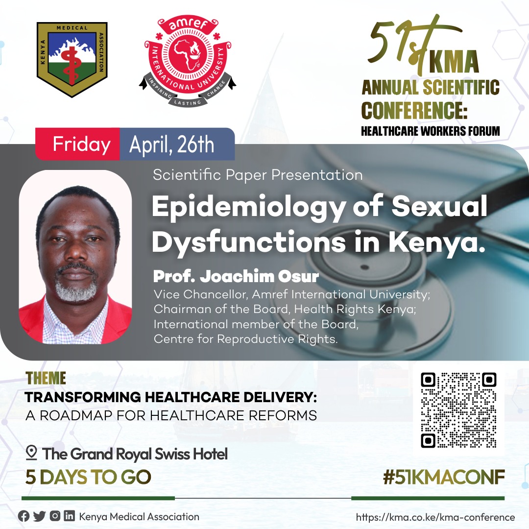 Save The 📅 Date: Friday, April 26th Don't miss this insightful session from Amref International University will share their findings on the prevalence, patterns, and factors influencing sexual dysfunctions in Kenya at the #51KMACONF 🔗 Register Here: kma.or.ke/conferences