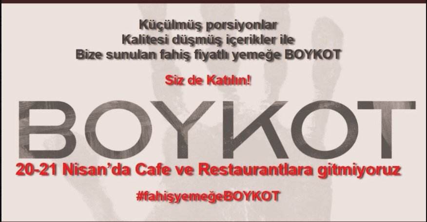 #fahişyemeğeBOYKOT

Kalite düştü
Hizmet düştü
Porsiyon küçüldü
Lezzet düştü
Ne yediğimizi bilemez olduk.

Fiyatlar arttı. Arttı kelimesi karşılamıyor ' uçtu '

20-21 Nisan'da yapılacak boykot çalışmasına destek oluyoruz.