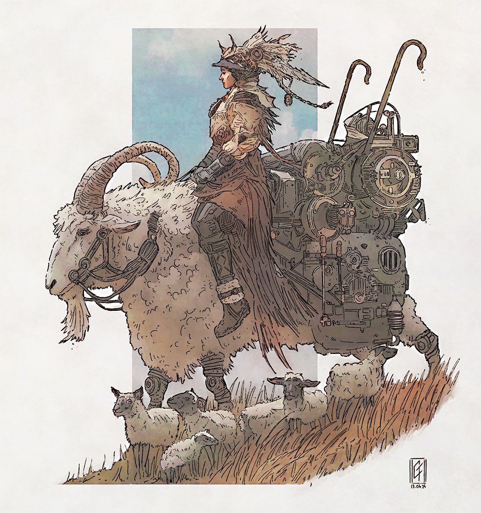 Here is my contribution to the monthly Character Design Challenge, theme was Shepherd. This is Amelia, with her mount Sally, she has a special shepherd steam machine that emits ultra sounds to keep the sheeps around and also to keep wolves at bay.