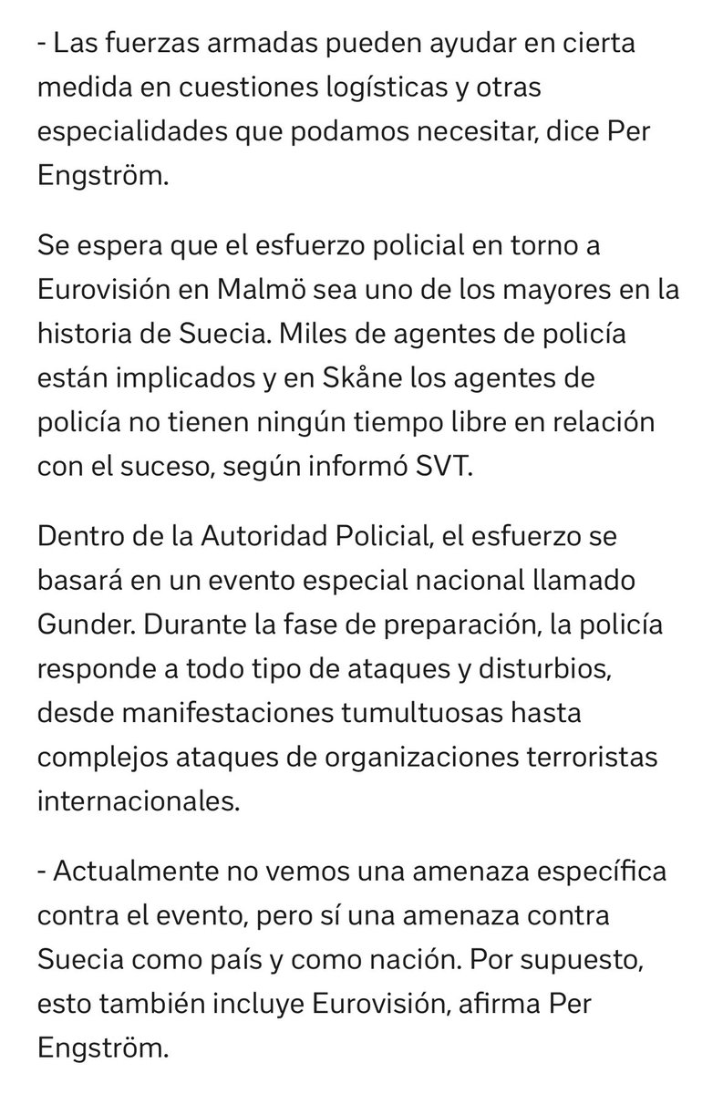 🇸🇪 La seguridad en #Eurovision 2024 supondrá uno de los grandes retos de la policía sueca en su historia. Preparan colaboración con la policía noruega y danesa, protocolo anti-drones e incluso acciones junto a las fuerzas armadas. 🔗 svt.se/nyheter/inrike…