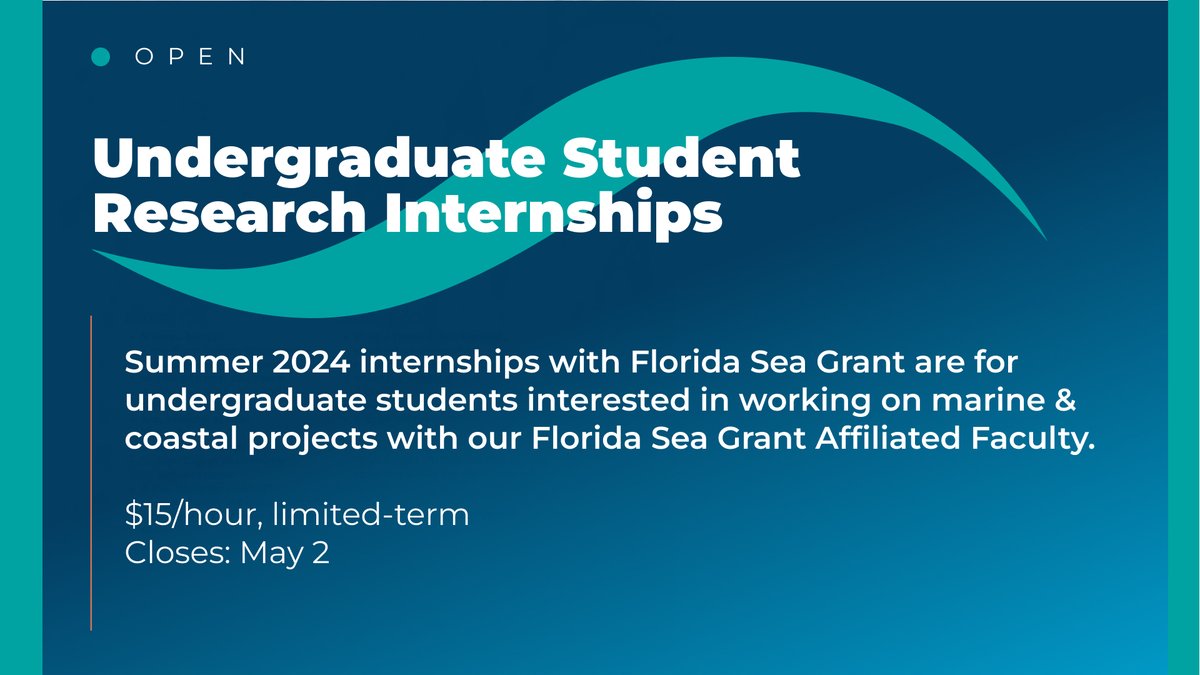 📢Paid undergraduate internship opportunity alert! Florida Sea Grant Affiliated Faculty with @UF are hosting internships this summer that will provide marine & coastal research experience. Click the link below to learn more and how to apply. bit.ly/4aVXCC9