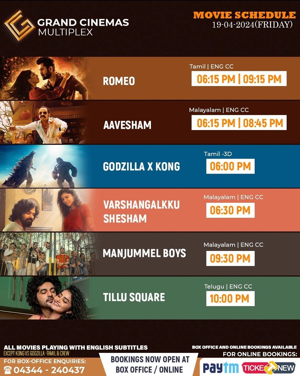 cinemas_grand's tweet photo. 19.4.24[Friday] Schedule. Shows will commence from 6 pm.#grandcinemashosur #hosur #anekal #attibele #jigani #bommasandra #chandapura #southbangalore #sarjapura #thally #kelamangalam #denkanikottai #mathigiri https://t.co/GrN6zSjSmH