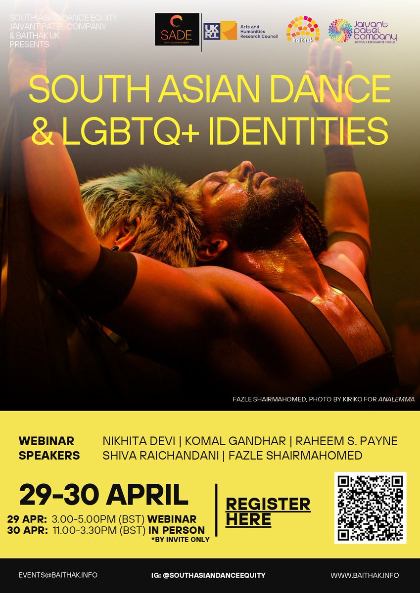 #AkademiSupported|South Asian Dance and LGBTQ+ Identities 29 Apr: 3 - 5 pm Webinar – The @ahrcpress funded South Asian Dance Equity(SADE), @jaivantpatelco & @BaithakUk are presenting a webinar examining inequities within British South Asian dance. Tickets-ucr.zoom.us/webinar/regist…