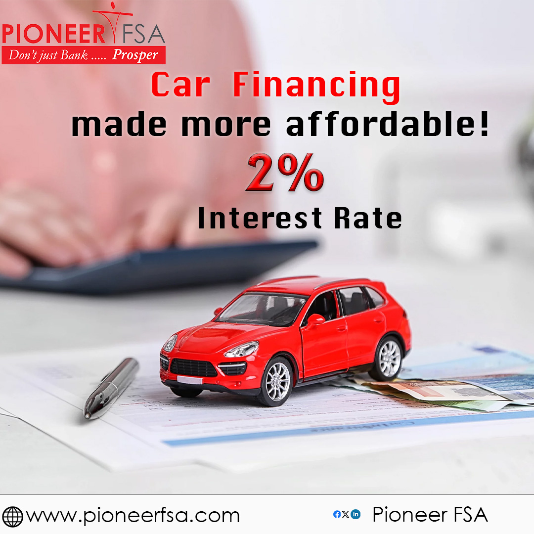 Unbeatable Car Financing Offer! 
Enjoy a 2% interest rate and up to 60% financing, making your dream car a reality. With flexible repayment plans up to 24 months, it's never been easier to hit the road in style.  
Pioneerfsa.com 
 #PioneerFSA #CarFinancing