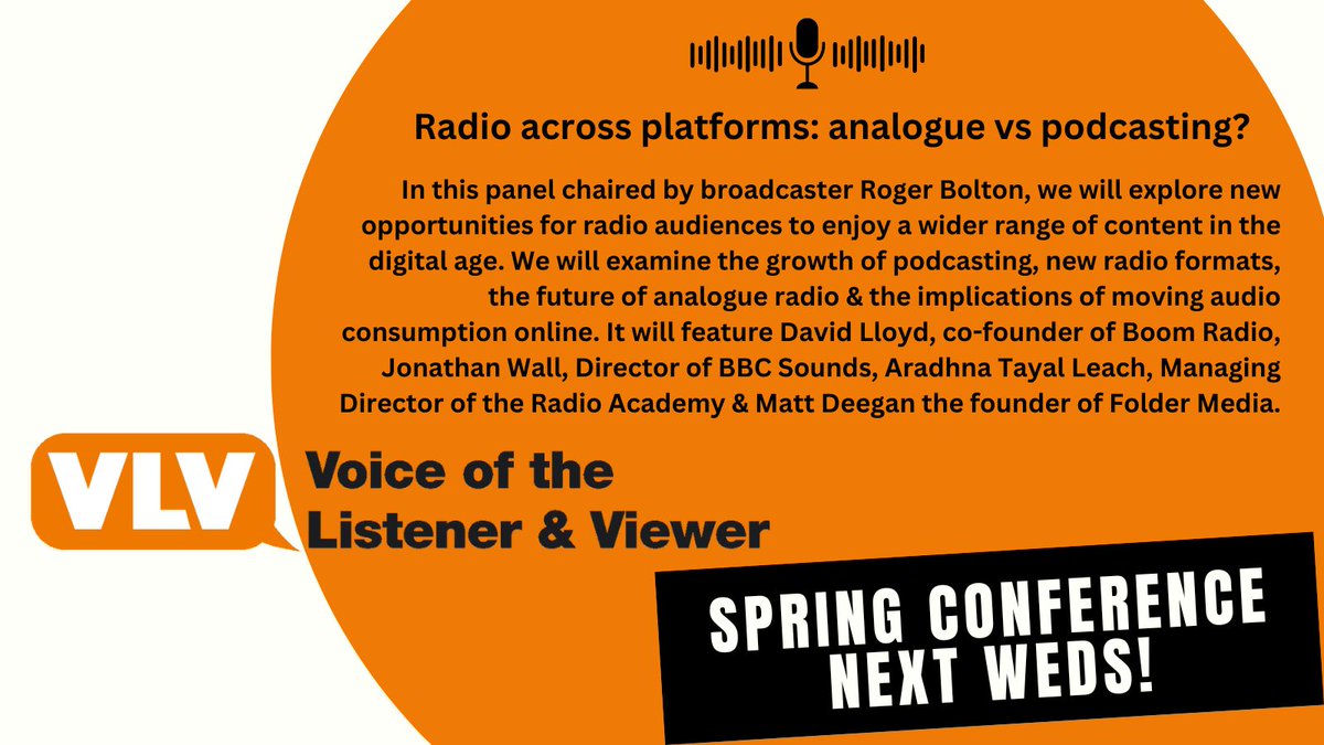 Love 📻 #radio? Join us on Weds 24 for Radio Across Platforms chaired by @BeebRoger featuring @AradhnaTayal Managing Director @radioacademy, co-founder of @BoomRadioUK @DavidLloydRADIO @BBCSounds Director Jonathan Wall & @matt founder of @folder payments.vlv.org.uk/Event-Registra…