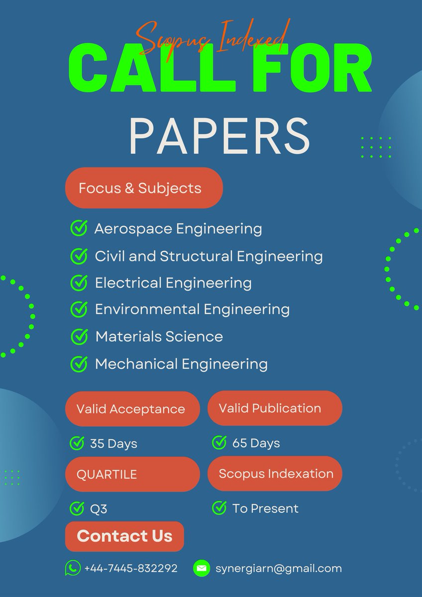 Call for Papers
For further information or inquiries,
✔️  Reach Synergia Research Network at synergiarn@gmail.com.
✔️ You can also Message Synergia Research Network on WhatsApp. wa.me/447445832292
✔️ Our team is available around the clock to assist you.
#ResearchPublication