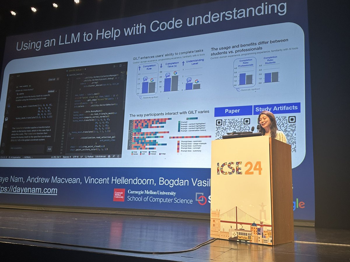 fakhourysm's tweet image. Excellent talk by @daye_nam exploring use of an LLM IDE plugin (super similar to @github  Copilot Chat!) to support code comprehension. #icse2024