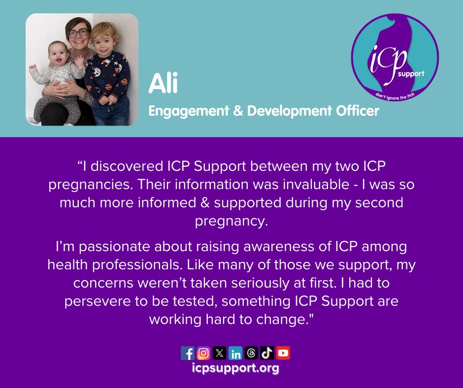 Today we introduce our Engagement & Development Officer @ICPAliG1 
Ali has two #LittleItches & is passionate about raising awareness of Intrahepatic Cholestasis of Pregnancy (#ICP) as she'd never heard of the condition before she was diagnosed.
#MeetTheTeamMonday #LivedExperience