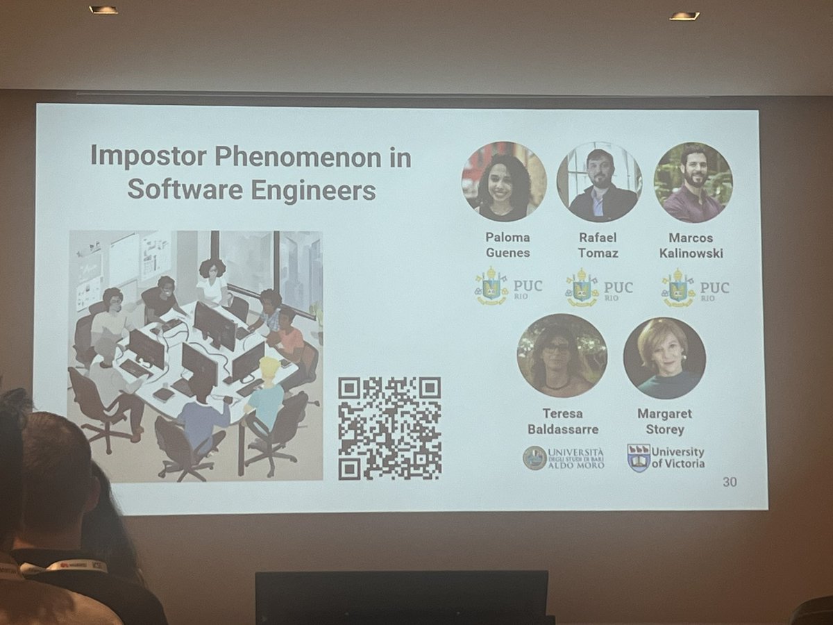 Dario Amoroso d'Aragona (@darioadaragona) on Twitter photo Impostor phenomenon in #software #engineering
•Due to some social aspects some groups of people suffer more
•Impacts productivity
•Can lead to very serious mental problems
•It is difficult to grasp
Thank you <a href="/prof_kalinowski/">Marcos Kalinowski</a> <a href="/mtbaldassarre/">Maria Teresa Baldassarre</a> and all authors!
<a href="/ICSEconf/">ICSE</a> Impostor phenomenon in #software #engineering
•Due to some social aspects some groups of people suffer more
•Impacts productivity
•Can lead to very serious mental problems
•It is difficult to grasp
Thank you <a href="/prof_kalinowski/">Marcos Kalinowski</a> <a href="/mtbaldassarre/">Maria Teresa Baldassarre</a> and all authors!
<a href="/ICSEconf/">ICSE</a>
