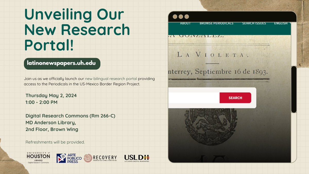 APPRecovery's tweet image. Join us Thursday May 2, 2024! We will officially launch our new bilingual research portal providing access to digitized border newspapers spanning over a century.
#usLdh #archives #apprecovery #archivos #digitalhumanities #newspapers #humanidadesdigitales #periódicos