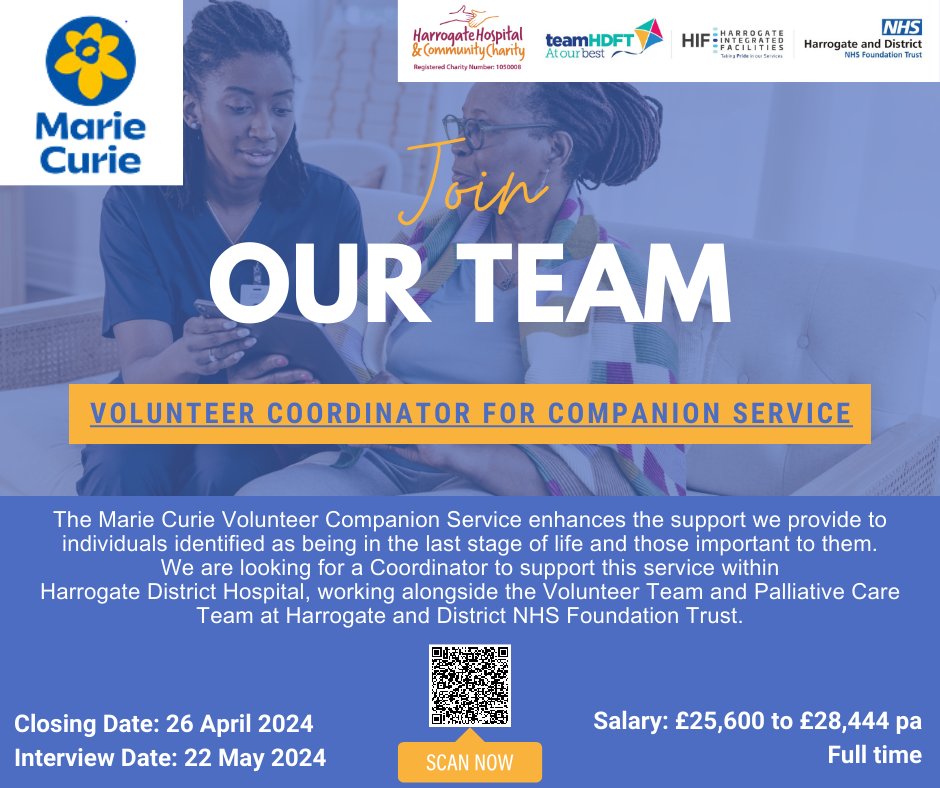 ***JOB OPPERTUNITY*** For a Volunteer Co-ordinator to join the Marie Curie Companion Service within Harrogate District Hospital, working alongside the Volunteer Team and Palliative Care Team at #teamHDFT. Find out more here: jobs.nhs.uk/candidate/joba… @mariecurieuk @HarrogateNHSFT