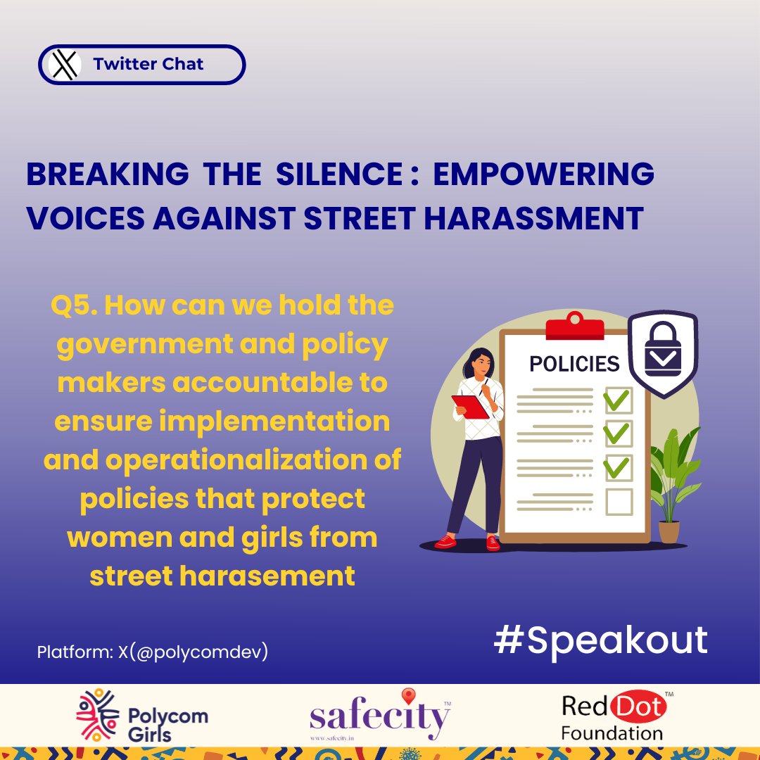 Q5. How can we hold the government and policy makers accountable to ensure implementation and operationalization of policies that protect women and girls from street harasement?
#Speakout #StopStreetHarassment #Polycomspeaks #Gpende #AntiSHWeek2024