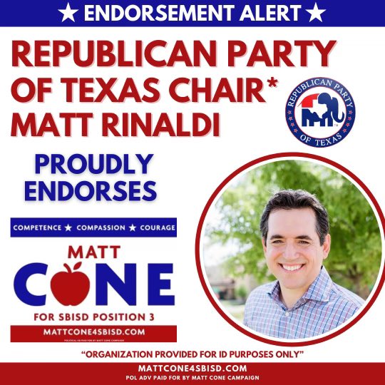 We are thrilled to announce that our campaign has been endorsed by Texas’ #1 grassroots leader, Republican Party of Texas Chairman Matt Rinaldi.

Thank you, @MattRinaldiTX, for prioritizing students and teachers here in Spring Branch ISD.