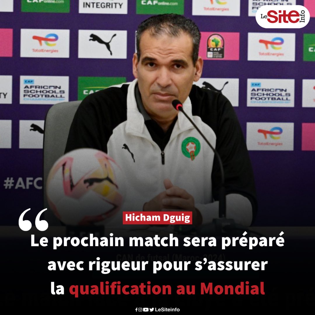 🏆⚽️| CAN de Fustsal - Hicham Dguig s’exprime avant la demi-finale Maroc 🇲🇦 - Libye 🇱🇾 : 

🎙️ « Il faut être attentif lors de cette rencontre parce qu’elle est à élimination directe et aussi qualificative pour la Coupe du monde, que nous espérons disputer pour la quatrième fois »