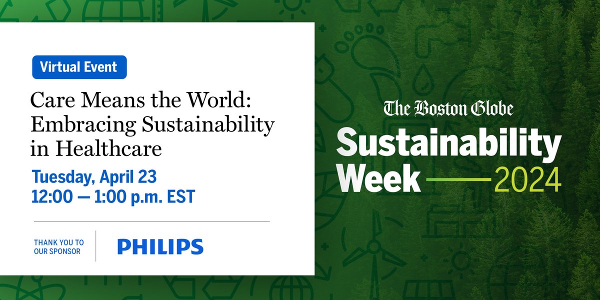 Learn how local leaders are driving sustainable change in healthcare with @Philips today at 12 PM as part of Sustainability Week. Hear from @KateWalshHHS, @ReedOmary, Bob Biggio @The_BMC and @RobertMetzke. Sign up now: trib.al/kf9NoKF #GlobeEvents