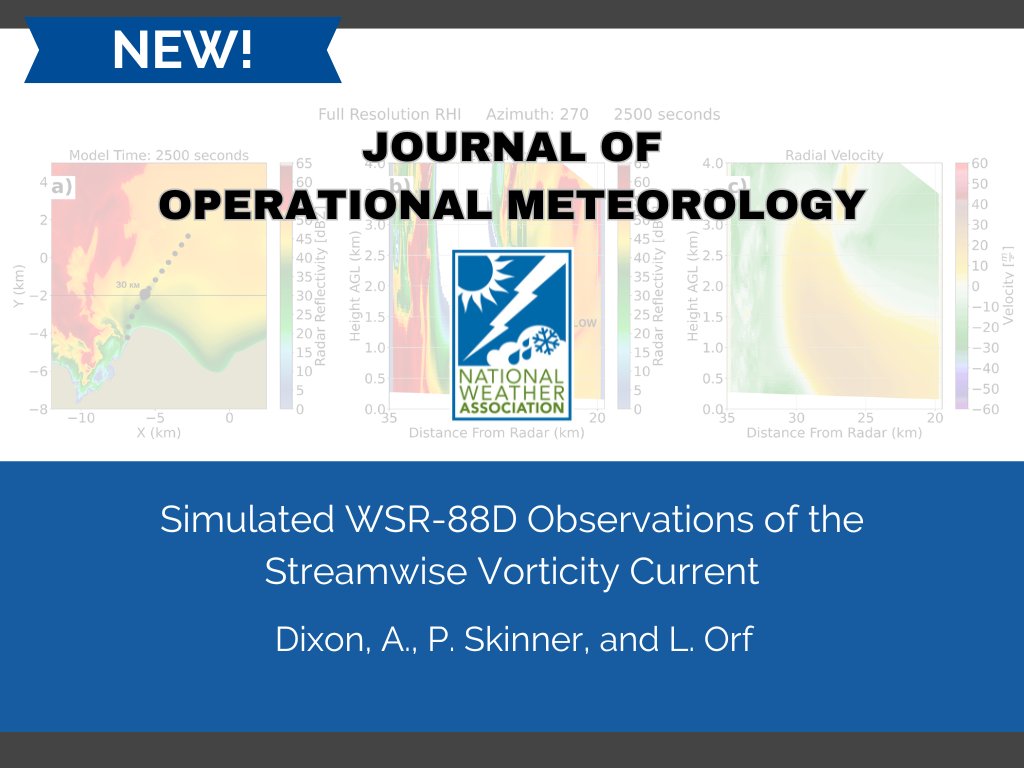 📡 New JOM article! 📡 Check out 'Simulated WSR-88D Observations of the Streamwise Vorticity Current' from @AustinDixonWx, Patrick Skinner, and Leigh Orf! 🖱️: doi.org/10.15191/nwajo…