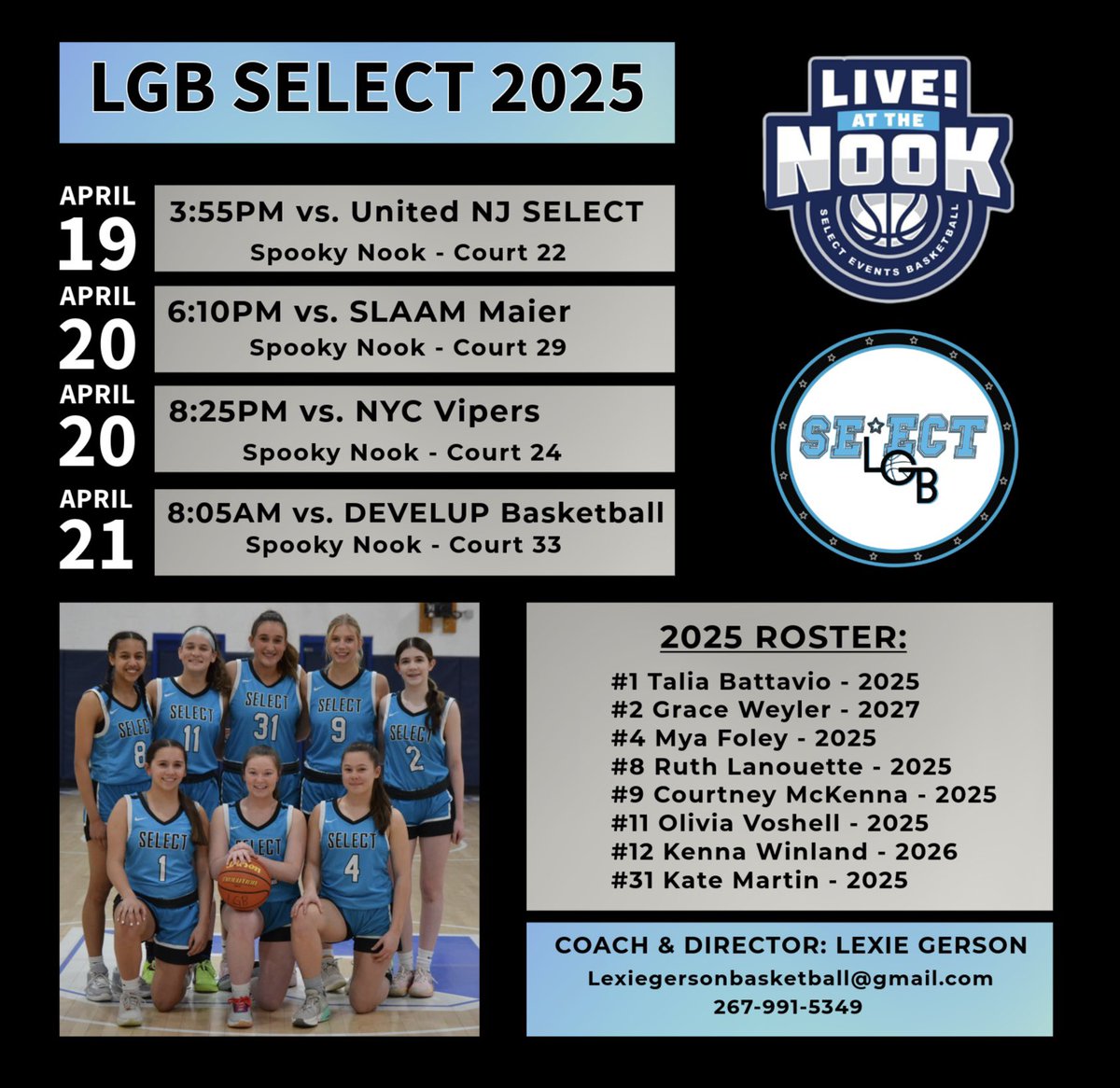 LBGbasketball's tweet image. Excited for our teams to compete this weekend at @SelectEventsBB LIVE at the Nook! Rosters &amp;amp; schedules for LGB SELECT 2025, 26/27 &amp;amp; 2028 are attached. For full player rosters &amp;amp; info, please visit our website. 

Come check us out! Let's goooo Select!! 

 #LGBSELECT #HWNL