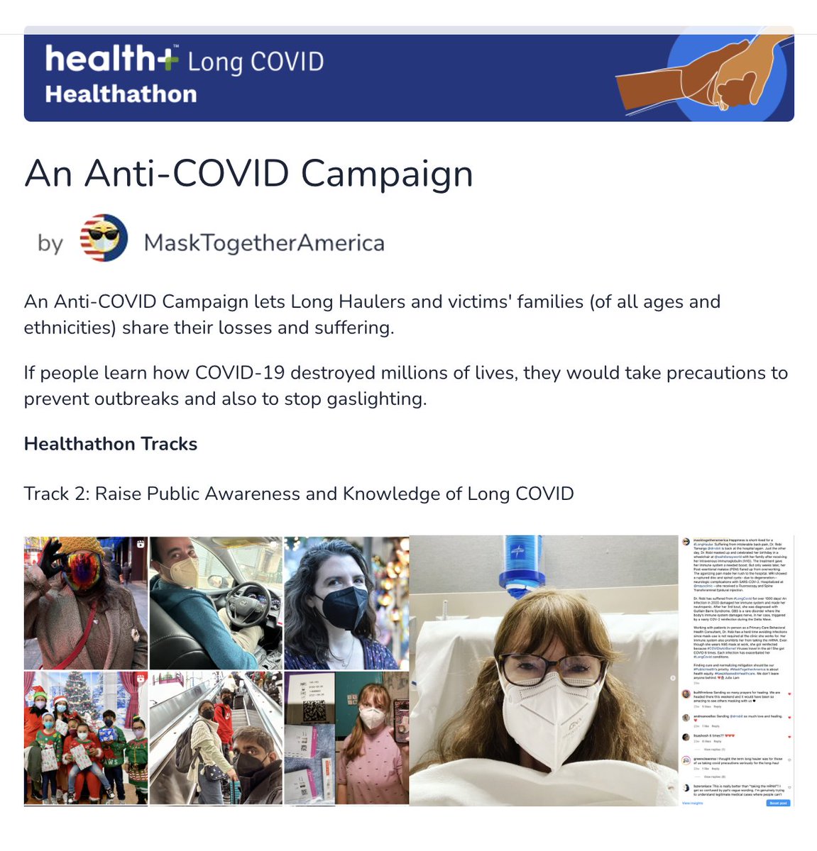 An Anti-COVID campaign needs your support! We entered our 4-year-old pilot program to the Healthathon sponsored by the HHS, as an awareness campaign to prevent Long Covid. Please vote for us. longcovid.crowdicity.com/post/820661