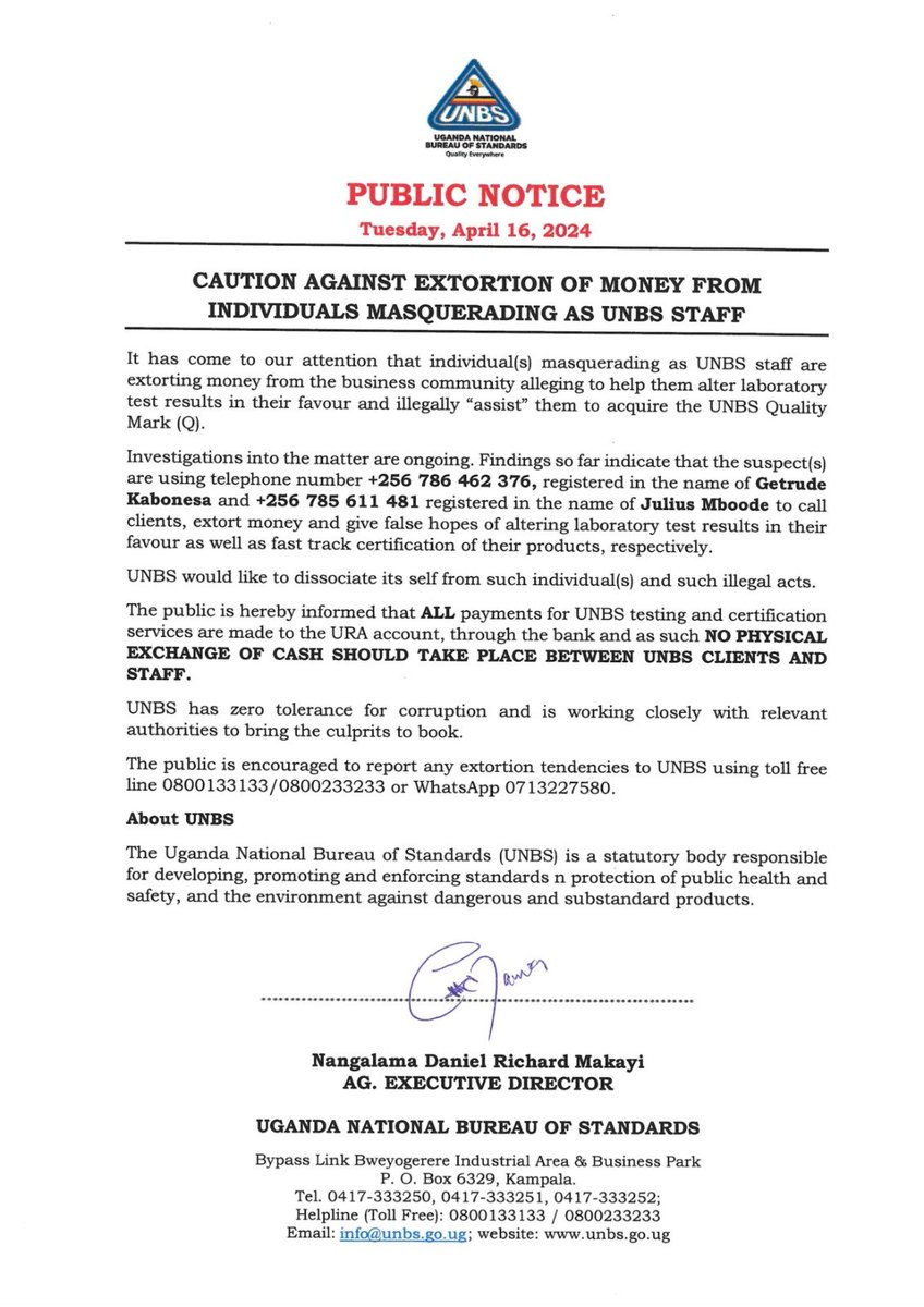 Extortion of money from the business community by individuals claiming to be staff of @UNBSug in the name of helping them alter laboratory test results in their Favour is a serious crime. Those having the same problem plz call, 0800133133/0800233233 or WhatsApp 0713227580.