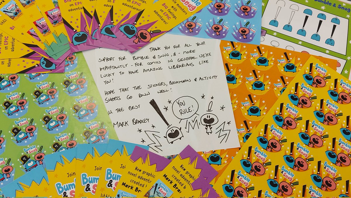 Thank you to the legend that is @markbradleyart for sending us the most joyous collection of #BumbleandSnug goodies! @OctoberJonesCo
The small people in our libraries are so lucky (okay, I *may* have taken a sticker for myself!) Thank you, thank you 😊
#comicbooks 
@HachetteKids