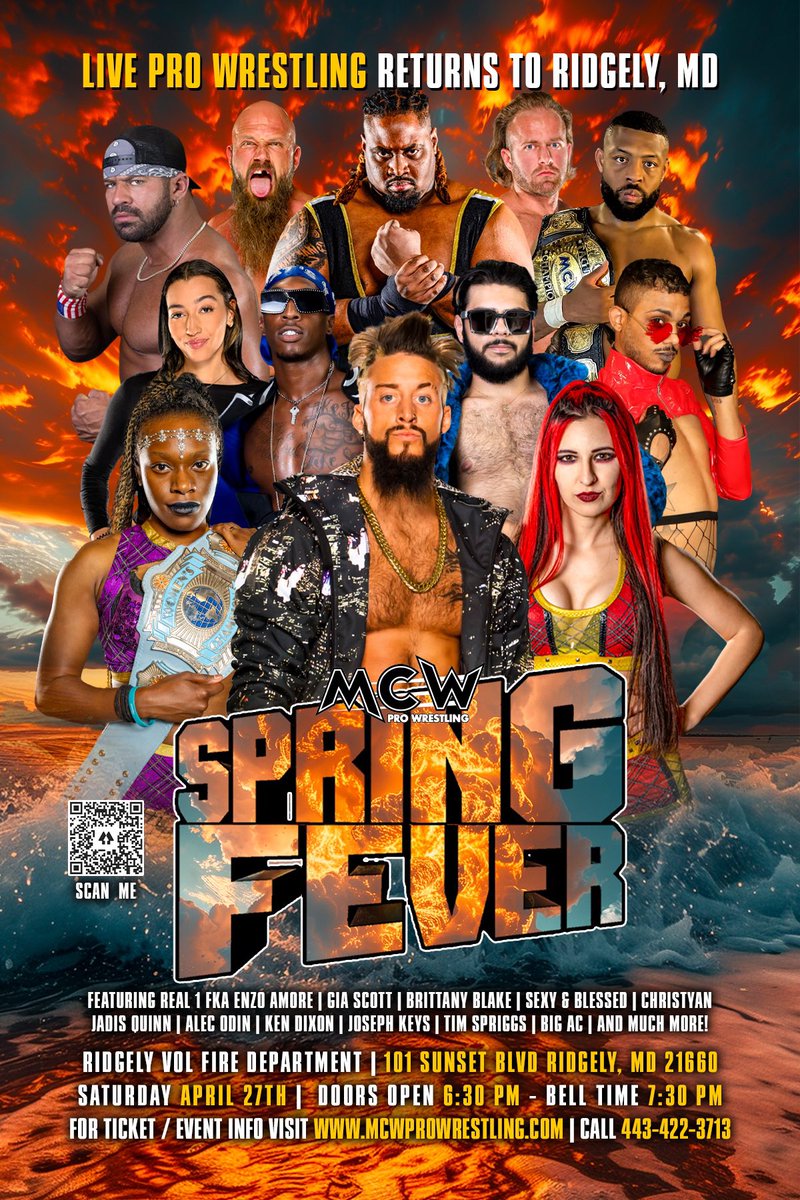 The final night of the 2024 #MCWSpringFever Tour heads to the Eastern Shore of #Maryland and the Ridgely VFD🚒 on Saturday April 27th🔥 🎟️ linktr.ee/mcwprowrestling 🎟️ Meet former #WWE Superstar @Real1 and ALL your favorite #MCWProWrestling Stars at the pre-show meet & greet‼️