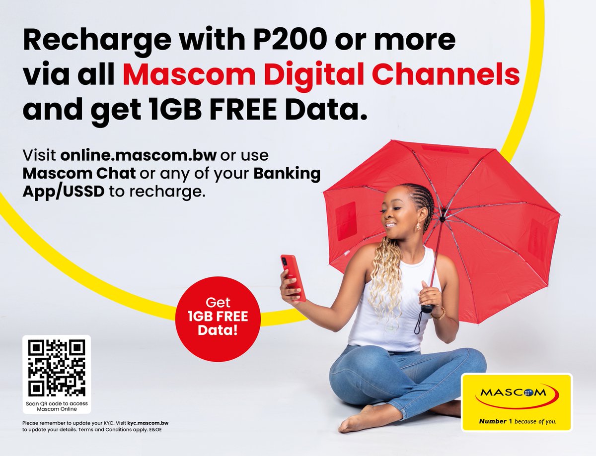 Get 1GB FREE Data! Recharge with P200 or more through any of our below channels to qualify for FREE data. - Mascom Online (online.mascom.bw - ⁠MascomChat (WhatsApp- +26771999999) - ⁠Any of your Banking Apps - ⁠USSD #Number1BecauseOfYou #MascomOnline #MascomChat