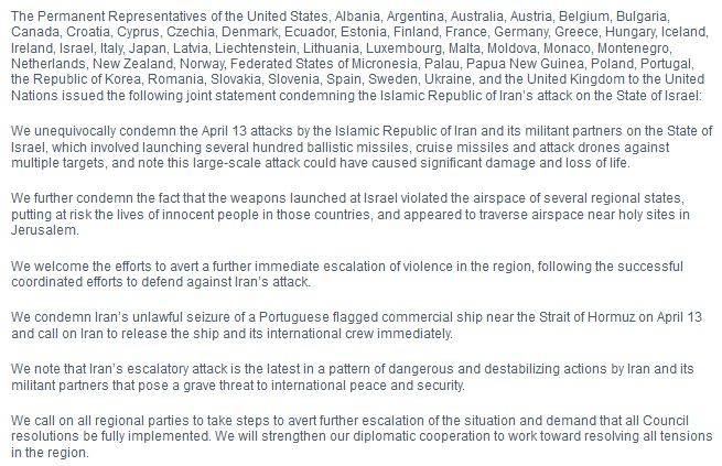 Joint Statement on the Islamic Republic of Iran’s Attack on the State of Israel. We unequivocally condemn the April 13 attacks by the Islamic Republic of Iran and its militant partners on the State of Israel. ➡️ onu.delegfrance.org/joint-statemen…