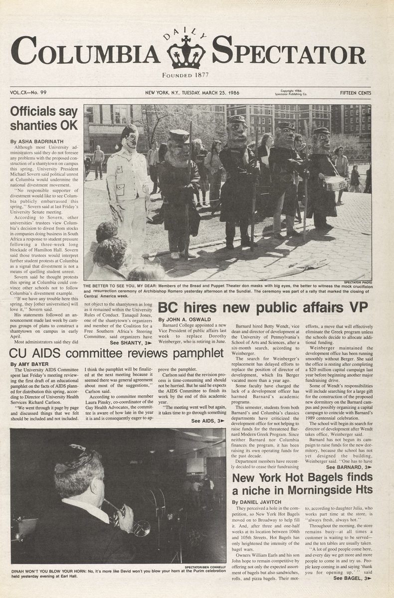 From the Spec archives: 'Officials say shanties Ok.' Comparing CU admin's treatment of today's protest Palestine solidarity movement with how it responded to the solidarity w/South Africa divestment movement on campus in 1986