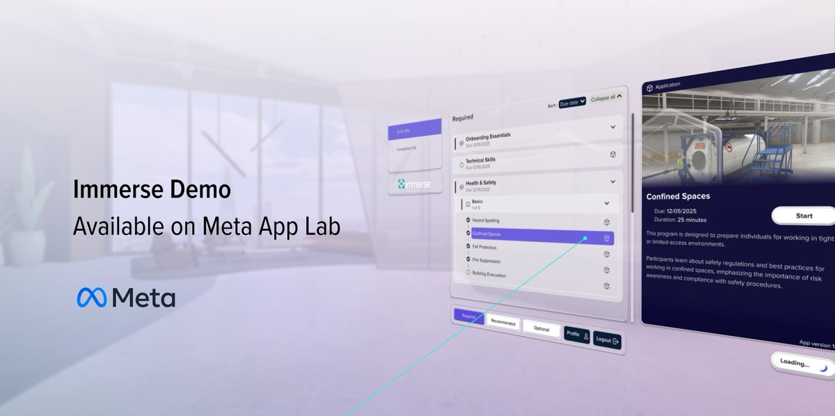 The Immerse app &amp; platform demo is now available on Meta App Lab! Download the demo now and discover how it can revolutionize your training programs: lnkd.in/deBvA5UZ

#ImmerseApp #MetaAppLab #ImmersiveExperiences #VRTraining #Innovation