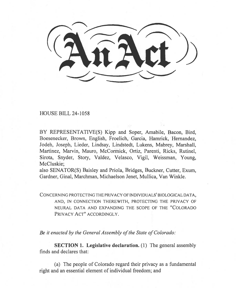🚨BREAKING: First of its kind in the US, Colorado approves a bill to protect biological data, including neural data. Extremely important given the advancement of AI-based neurotechnology. Quote:

"2. The general assembly further finds that: (...)

e. Every human brain is unique,