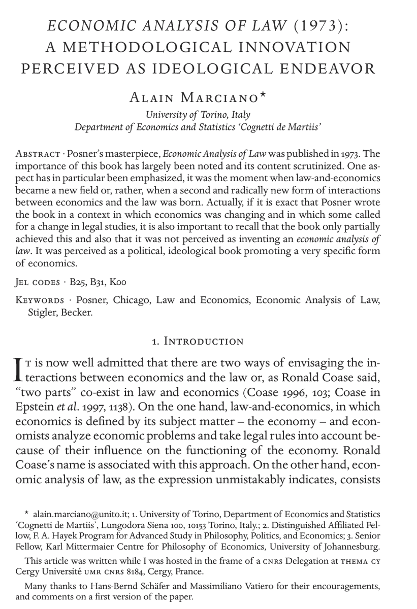 my contribution to the SI of History of Economic Ideas, ed by Massimiliano Vatiero & Hans-Bernd Schaefer, to celebrate the 50th anniversary of Posner's Economic Analysis of Law. Thanks to the editors and for @ngiocoli for organizing this!