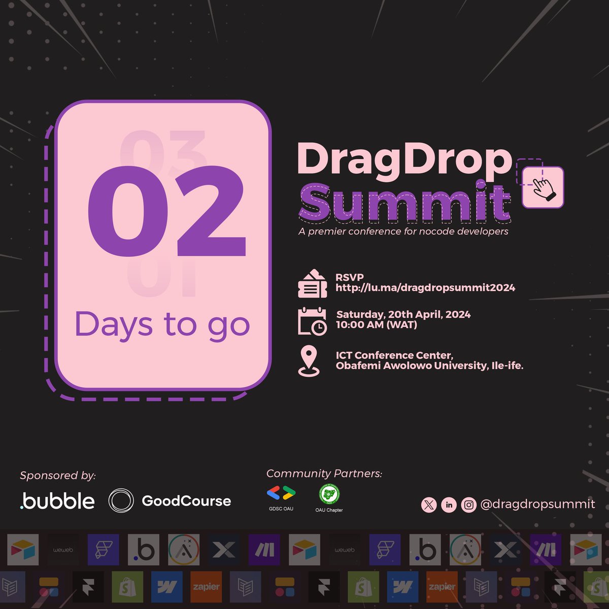 dragdropsummit's tweet photo. In 2,... days, the most anticipated Nocode conference comes to being. 

We're super pumped up for this.😇 
Where else would you be?

If you've not registered🔗; https://t.co/wowc9Mp1SY

#DragDropsummit2024
#Nocode https://t.co/SskFKDCyKv