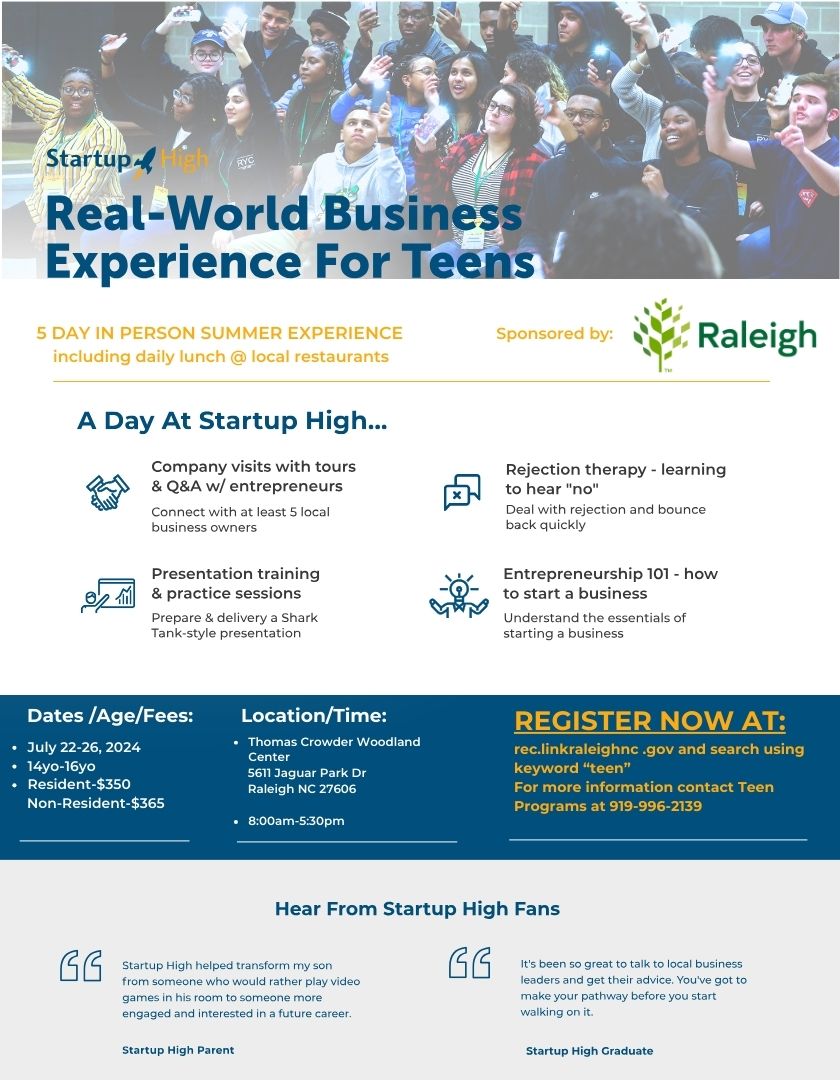 GL_Careers's tweet photo. Summer opportunity with real-world business experience...Startup High sponsored by Raleigh Parks and Rec. @GreenLevelHigh @G_L_PTSA @GLHS_StdentSvcs @ghhscareers https://t.co/iz2FzBg4ND