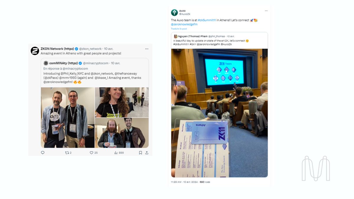 6⃣ Events

6.1. Several projects attended zkSummit11 in Athens.

🔷 <a href="/zkon_network/">ZKON Network</a> : they came across many individuals at the location, including Zkok.io (<a href="/minacryptocom/">comMINAty (httpz) zkok.io</a>) team.

🔷 <a href="/AuxoZk/">Auxo</a>