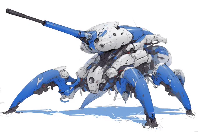 #晴天アポカリプス黄昏梟 試作多脚戦車 「ソフィスティケイト」再現された文明崩壊前の技術が用いられている多脚戦車.流線型のボディは遠距離からの攻撃を受け流し,撃ち合いを有利に進められる.生産コストが高く,大量生産はされていないが,一騎当千の性能を有する. 