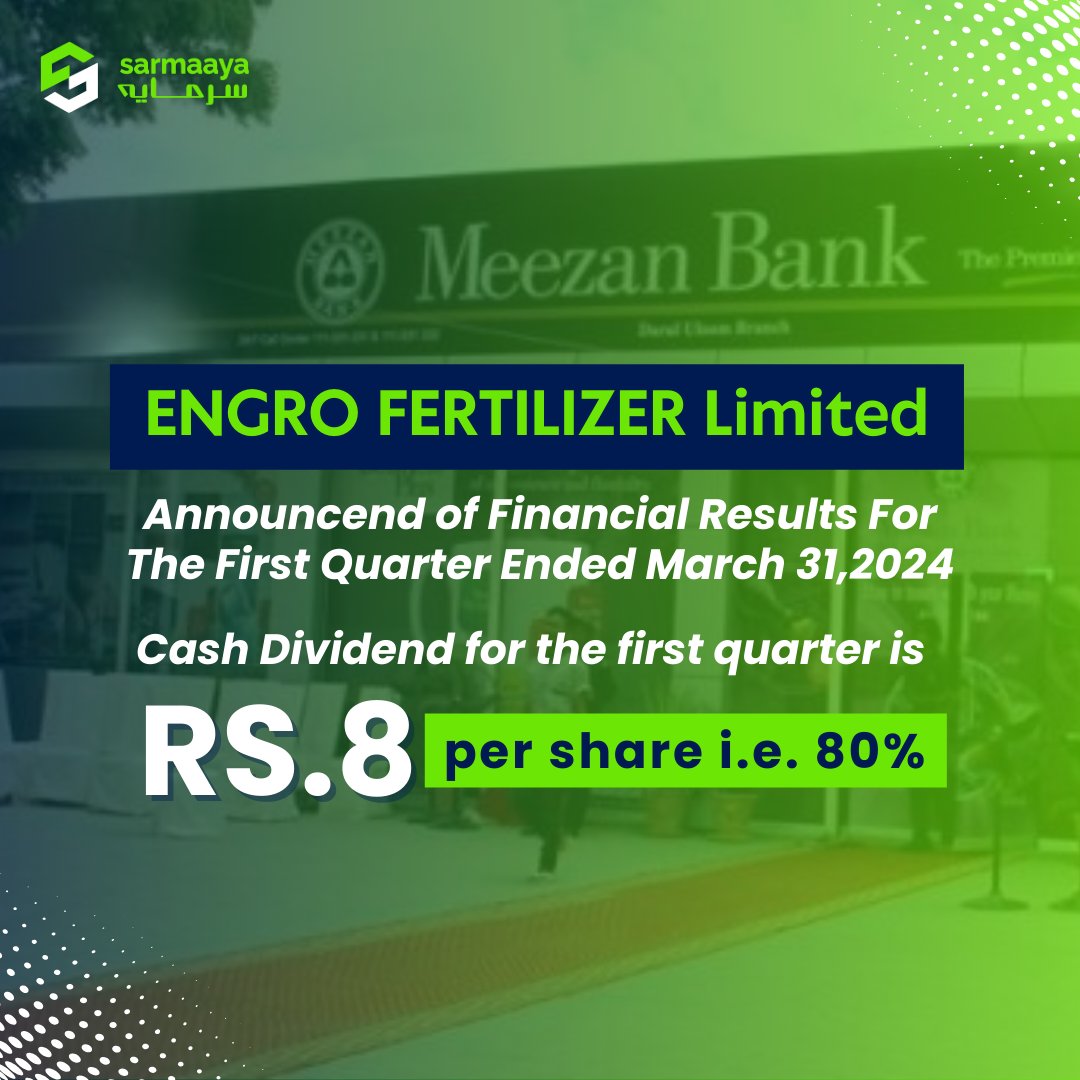 Engro Fertilizer has announced a cash dividend for the first quarter ended 31 March 2024 at Rs.8/-per share i.e. 80%.

For more information visit:
sarmaaya.pk/psx/company/EF…

#engrofertilizer #EFERT #sarmaayafinancials #payout #dividend