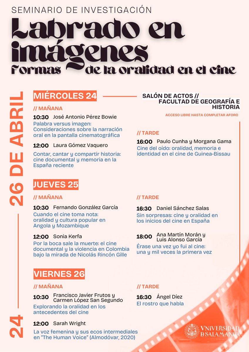 causal_usal's tweet photo. Queremos compartir con vosotros el cartel del Seminario Formativo "Labrado en imágenes" en el que participarán nuestros compañeros Javier y Carmen con su ponencia "Explorando la oralidad en los antecedentes del cine".
📍 Universidad de Salamanca
 🗓️ 26 de abril https://t.co/Xq8qtoZRLK