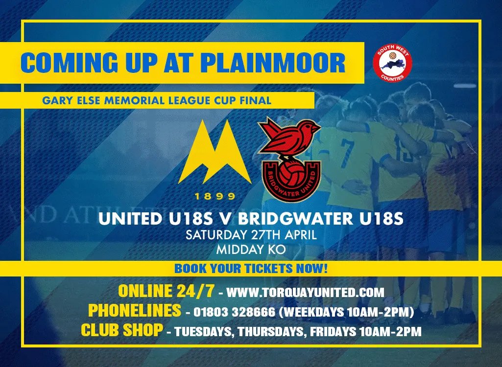 🟡 Join Us For The Youth Cup Final At Plainmoor! Tickets are now available for United’s Under-18s South West Counties League Cup Final, which is taking centre-stage at Plainmoor on Saturday 27th April. 👉 tinyurl.com/bdekspd7 #tufc