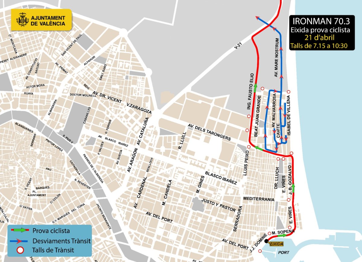 AjuntamentVLC's tweet photo. 👟Diumenge, es celebra la #IronMan 70.3 #València

🚧Talls al trànsit des de⏰les 7:15h fins a les 10:30h a📍 la #Malvarrosa i @lamarinadevlc, i de ⏰9 a 14:30h a 📍l'av. Mestre Rodrigo i Bulevard sud.

🚫Consulta afeccions al plànol de @TransitValencia

🔗https://t.co/FM2TUsA8pv https://t.co/8gbm02RF2A